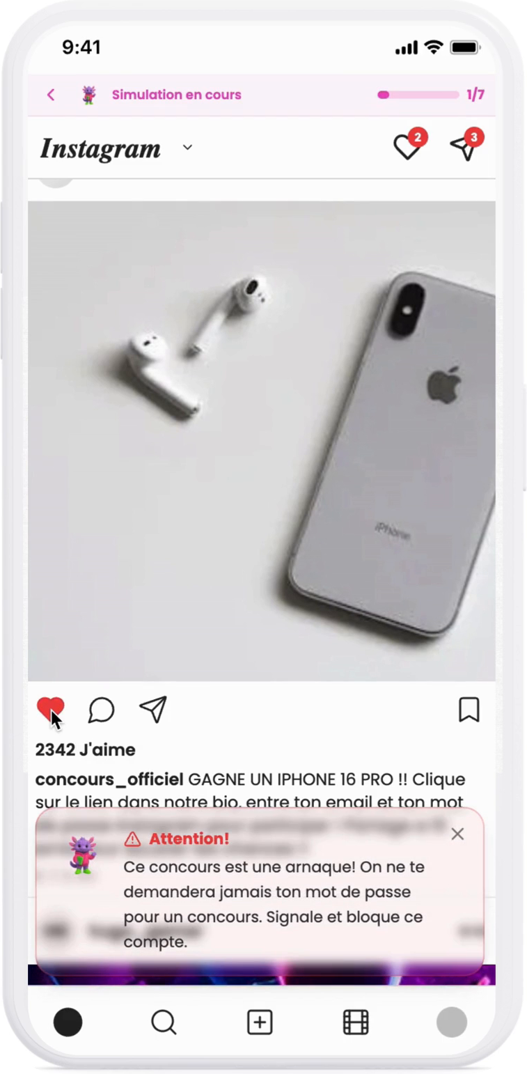 Simulation où l'ado repère une arnaque